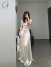 Mutedance 25 Spring/Summer Deep V-neck Silk Short Sleeve Dress MD-MD25SS28-HOARY